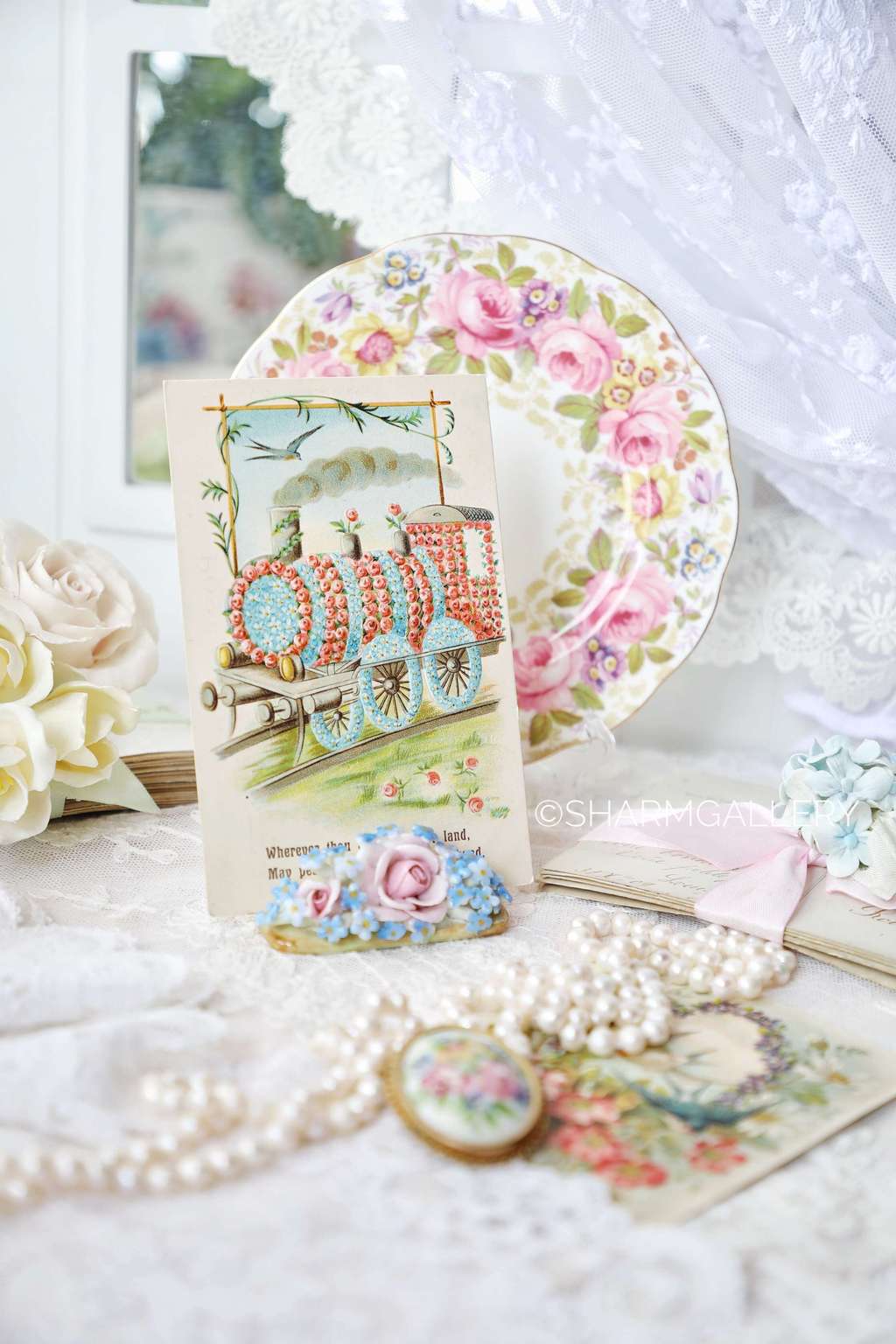 Старинная фарфоровая подставка для  карточек и фото «Незабудки и Розы». Германия.