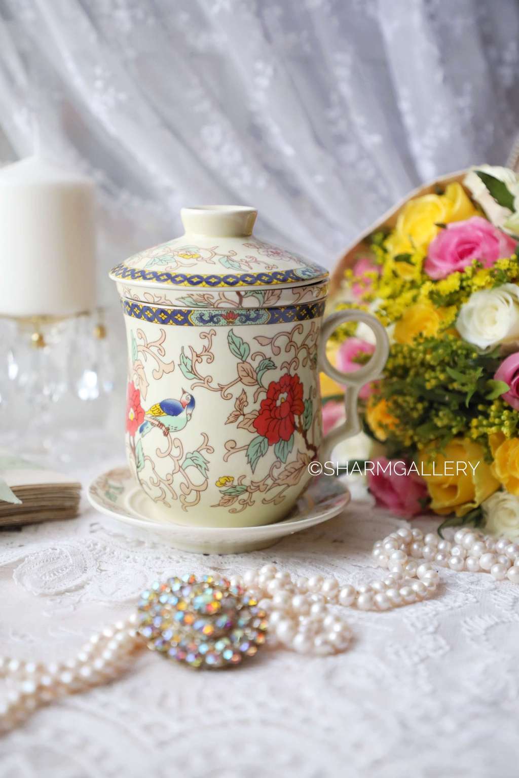 Заварочная кружка с блюдцем, фарфор Китай.