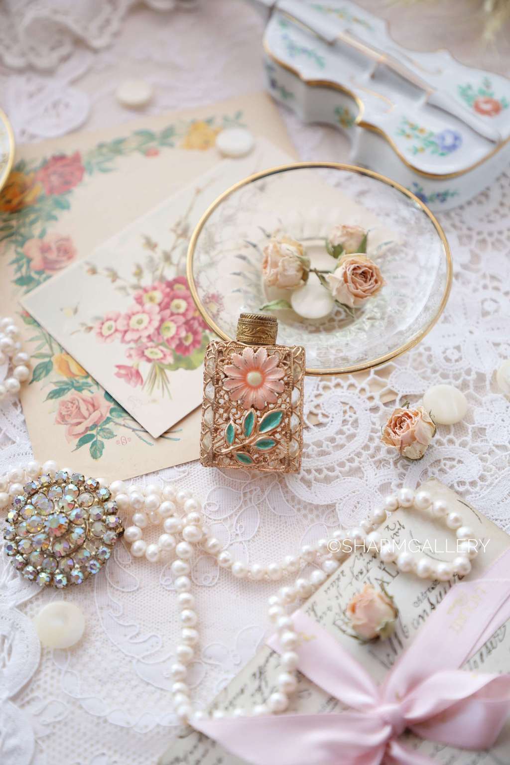 Флакон для духов Цветок, стекло, металл, эмали. Винтаж, Чехословакия.