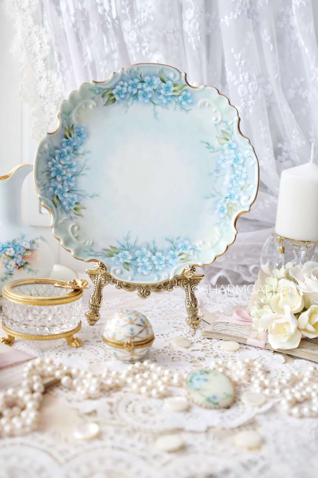 Настенная антикварная тарелка Незабудки, роспись, Фарфор, Бавария, Германия.