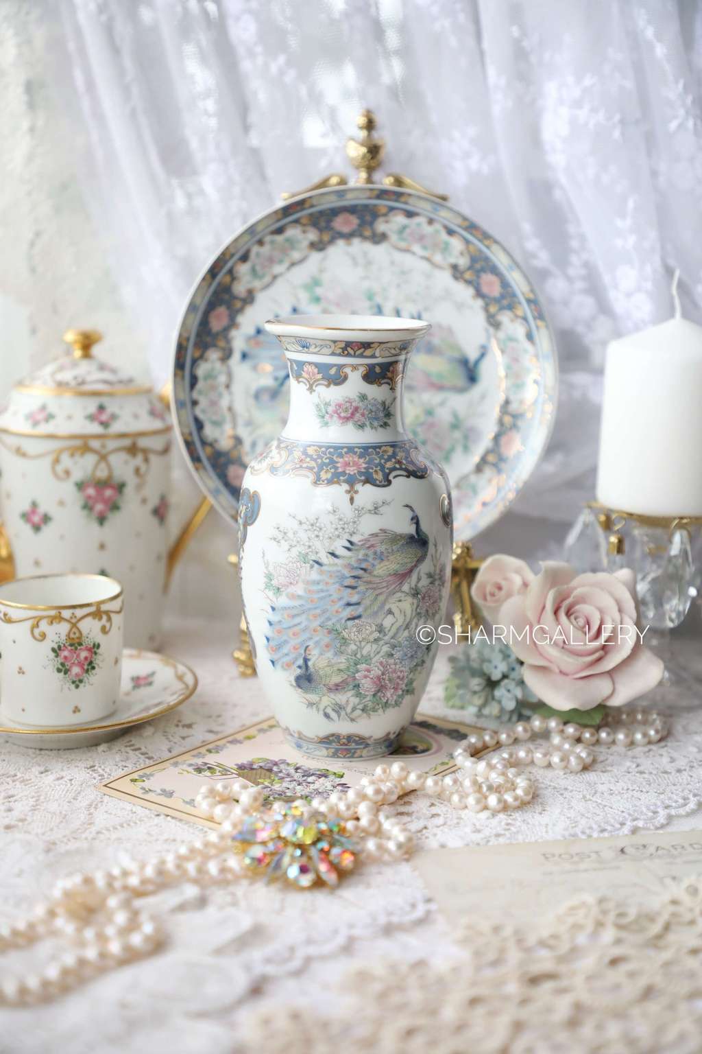 Набор ваза и тарелка «Павлины», фарфор Япония.