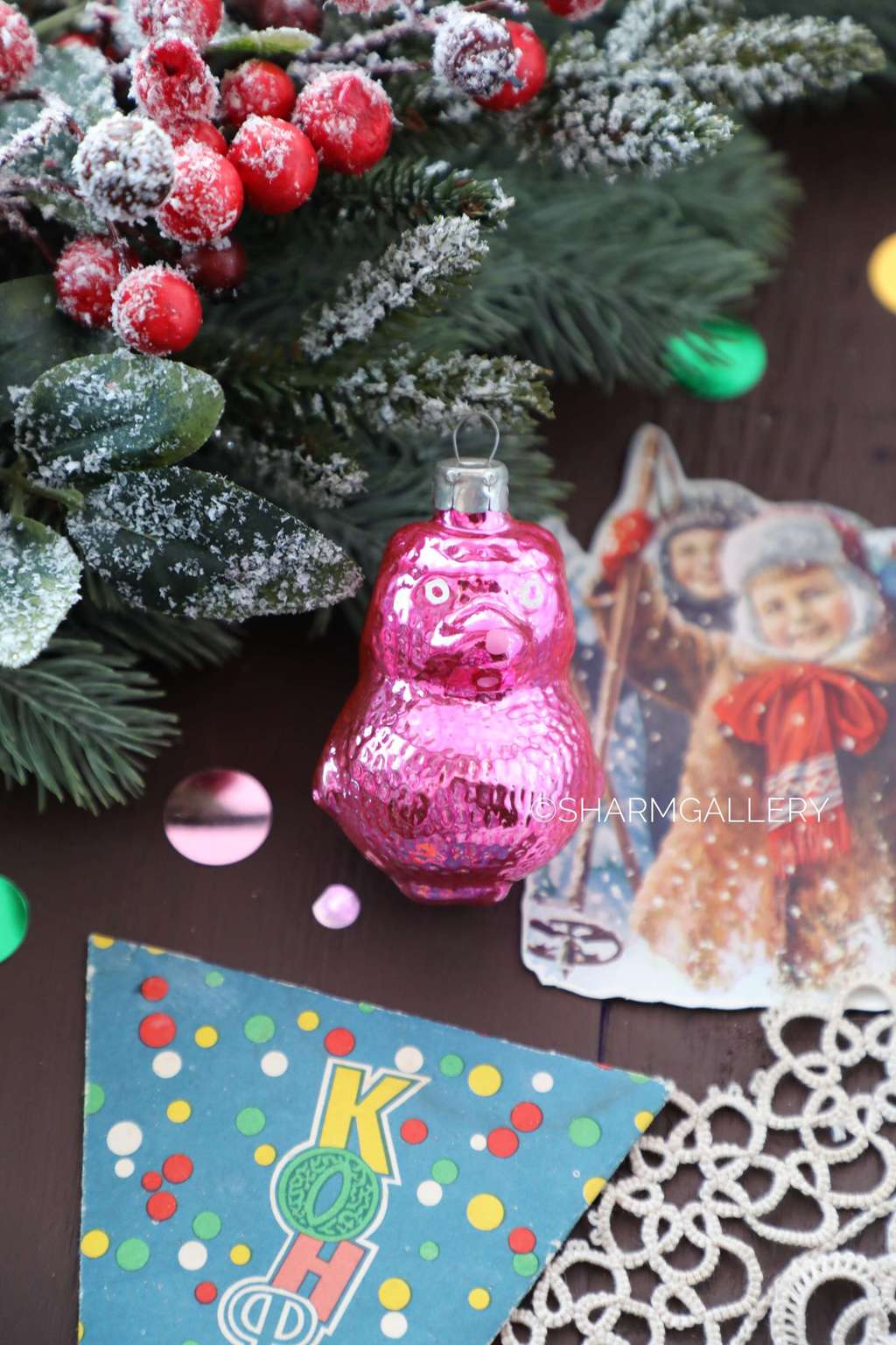 Винни Пух №3 (цвет ярко розовый) елочная игрушка, стекло СССР.