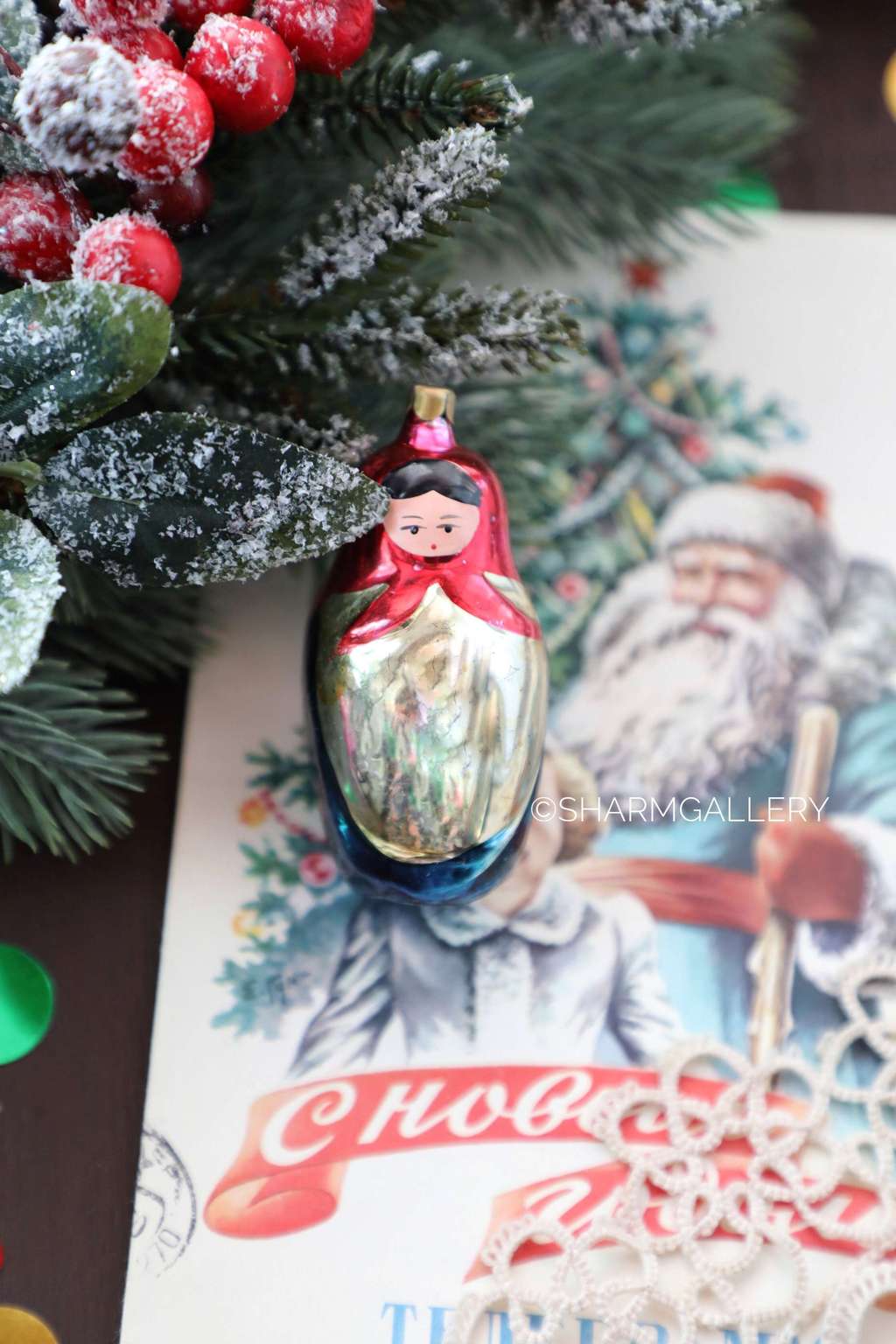 Матрешка №24 елочная игрушка, стекло СССР.