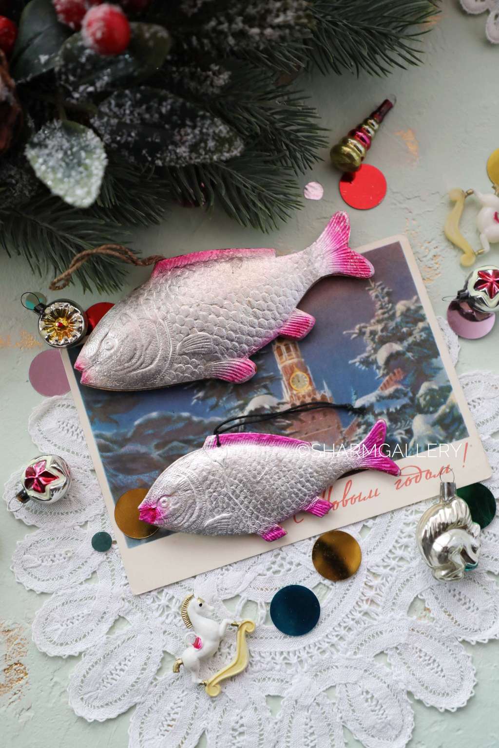 Набор «Рыбы». №8. Елочная игрушка картонаж, СССР.