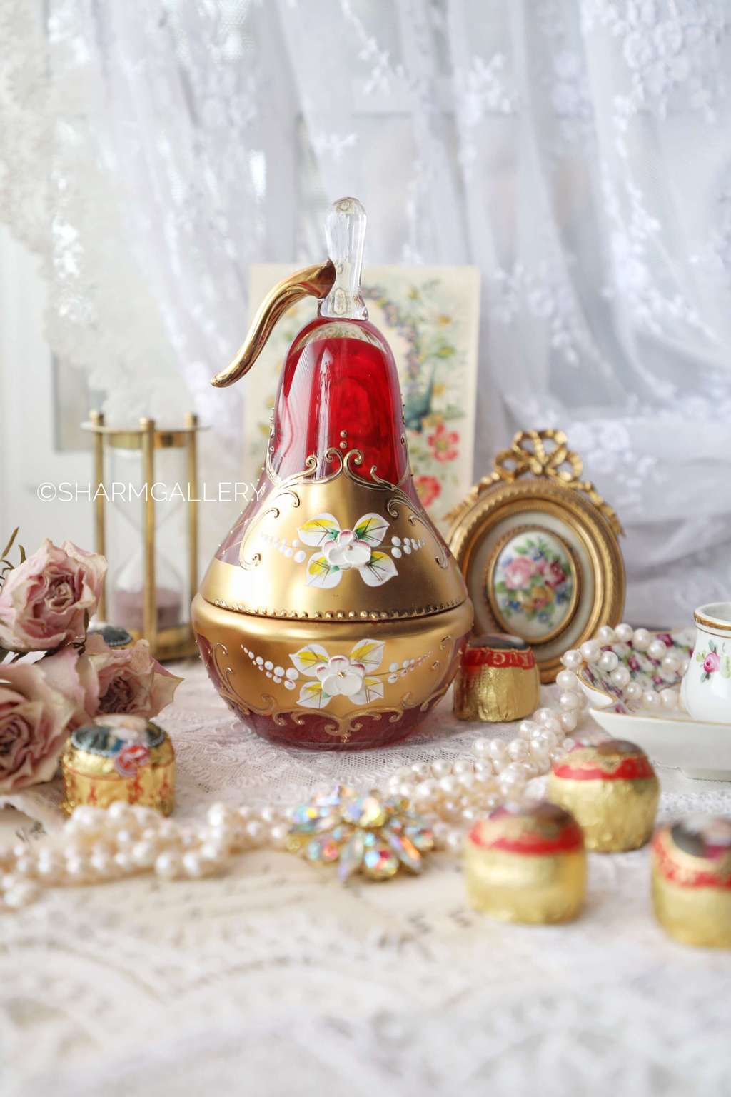 Шкатулка из богемского стекла Груша красная, Чехословакия, Bohemia.