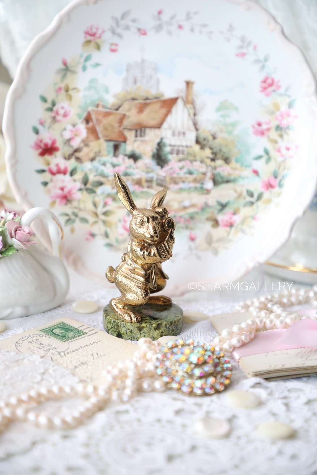 Статуэтка Кролик с часами из сказки "Алиса в стране чудес", бронза, змеевик.