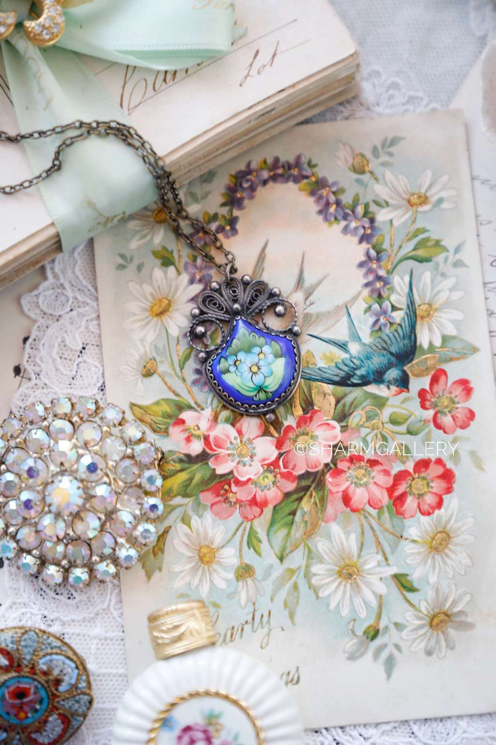 Кулон «Незабудки» с цепочкой, Ростовская финифть мельхиор, СССР.