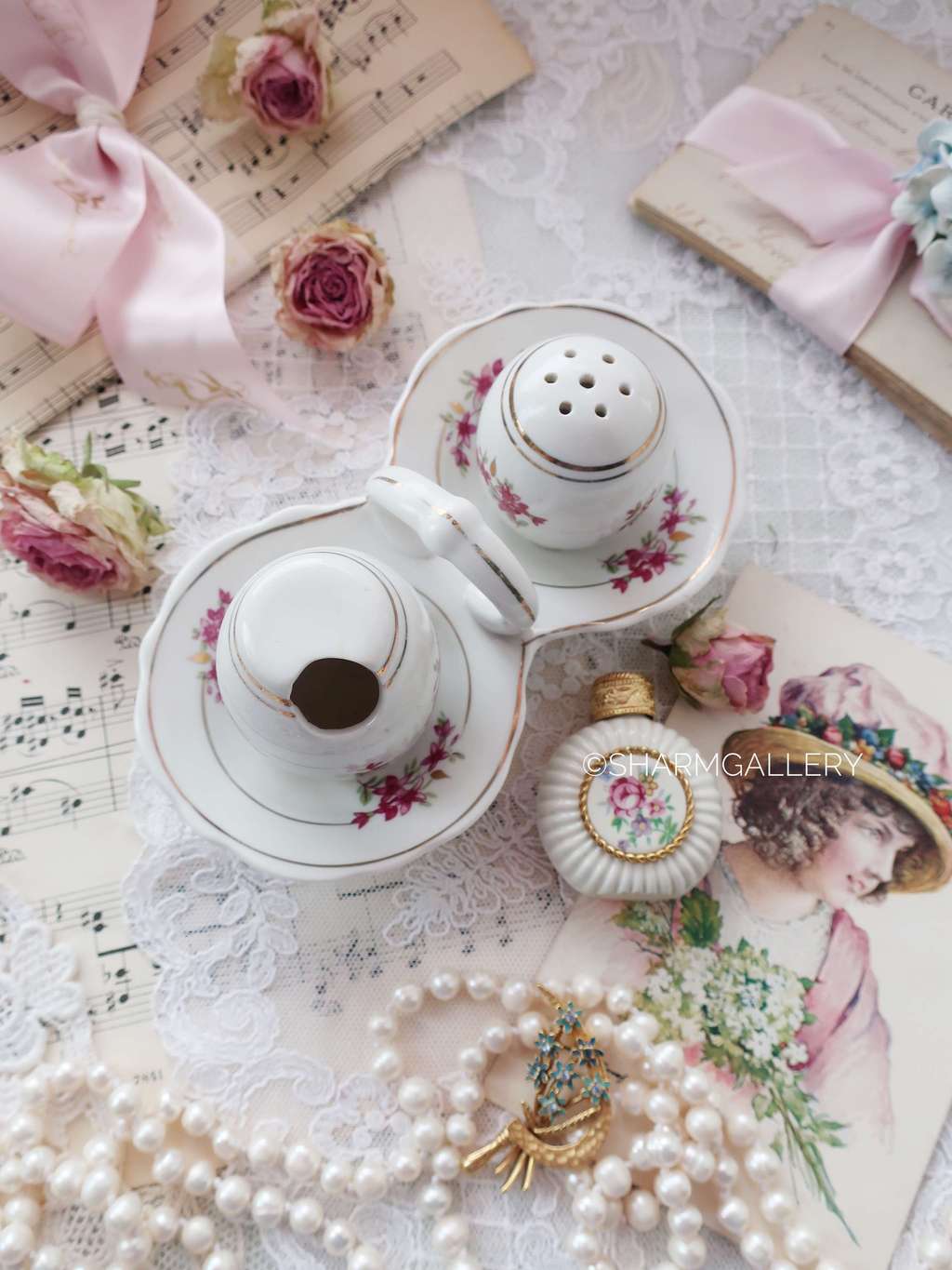 Старинный набор для соли и горчицы, Сирень фарфор Дулево ДЗ, 1958г.