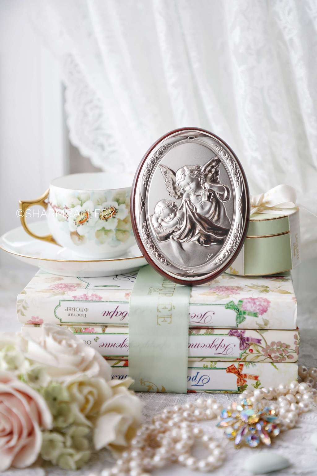 Картина/Панно на подставке "Ангел хранитель". Серебро, Италия, винтаж.