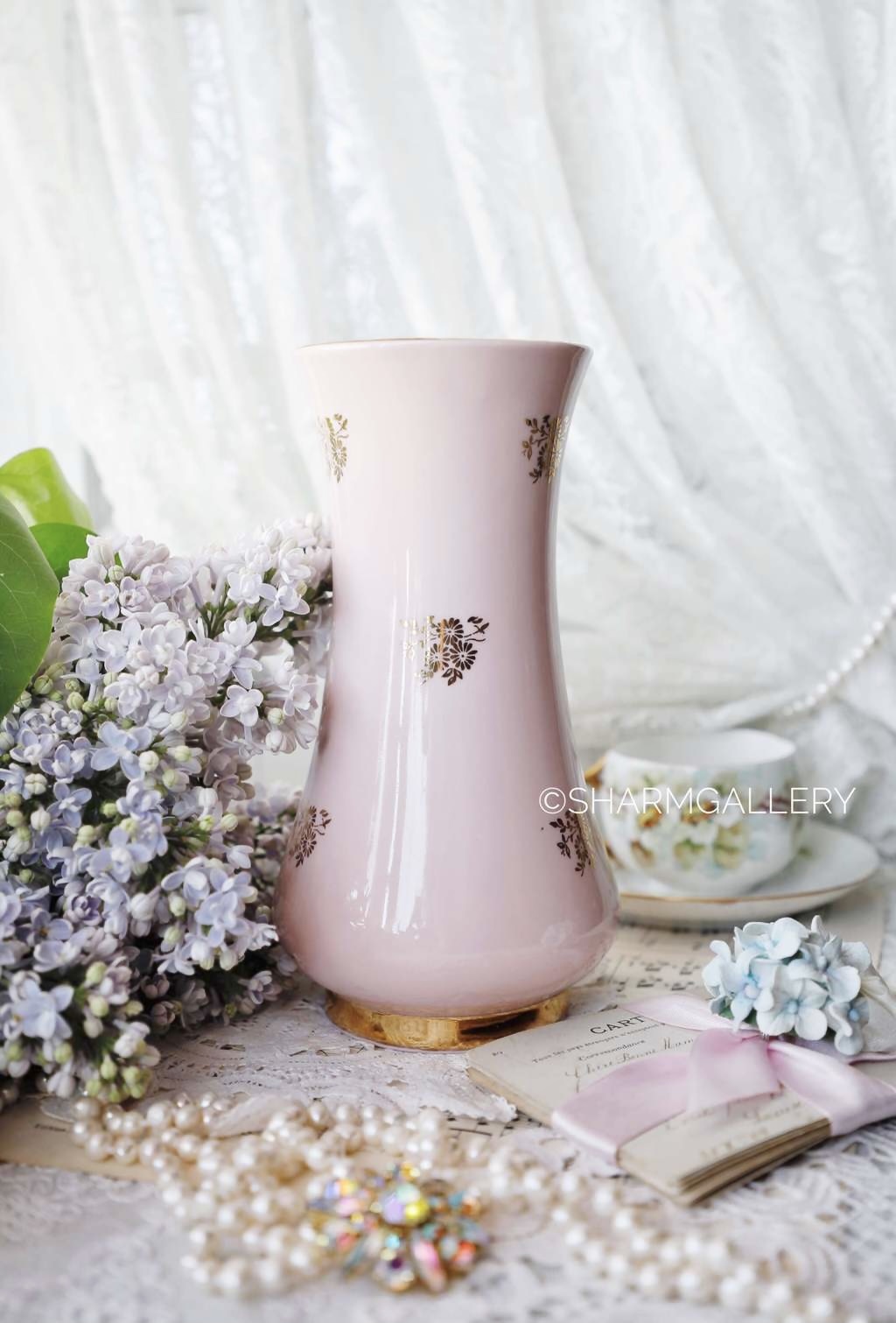 Ваза для цветов «Золотые цветы» розовая 20см., фарфор Дулево.