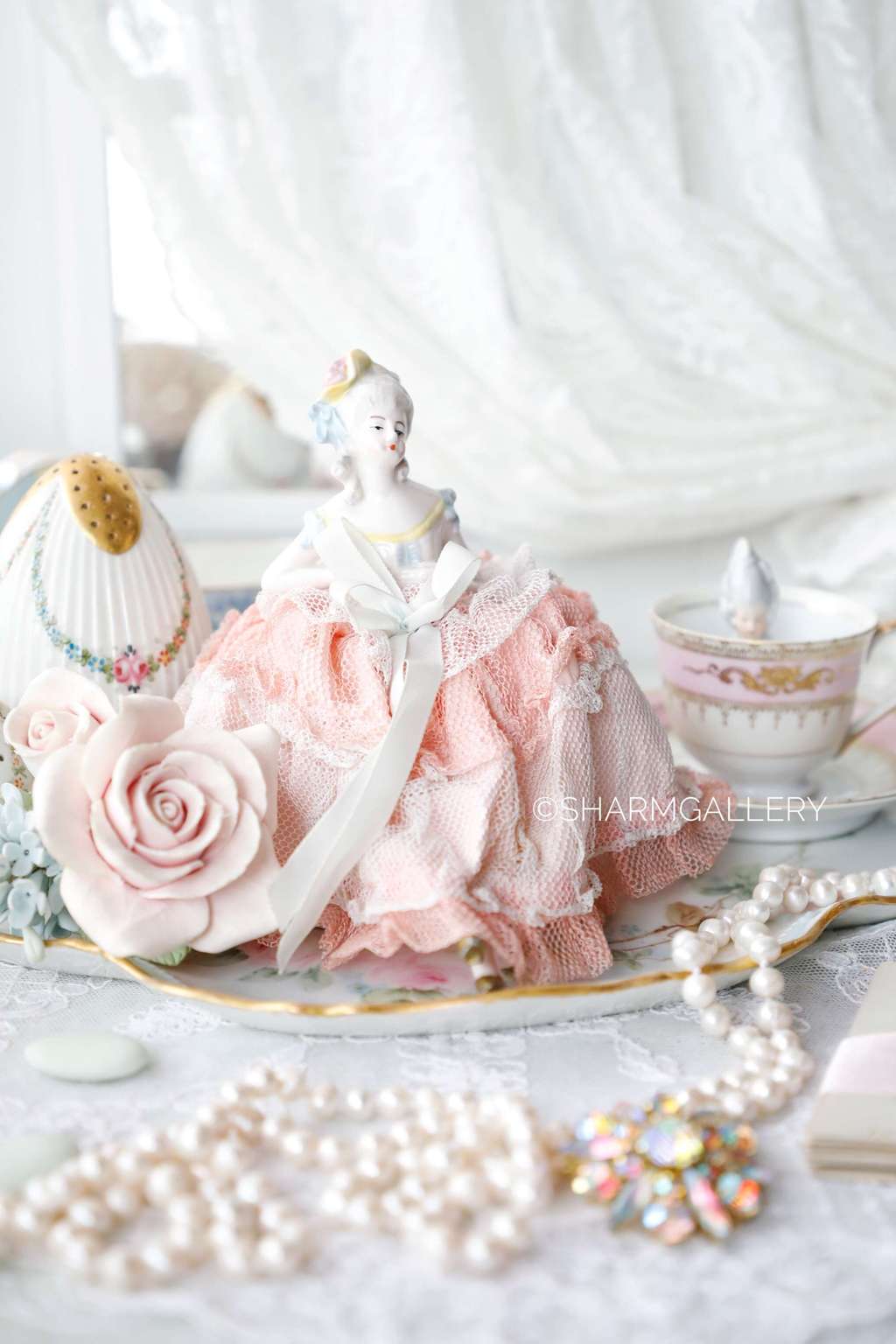 Дама Half doll в розовом, антикварная игольница. Фарфор, Германия.