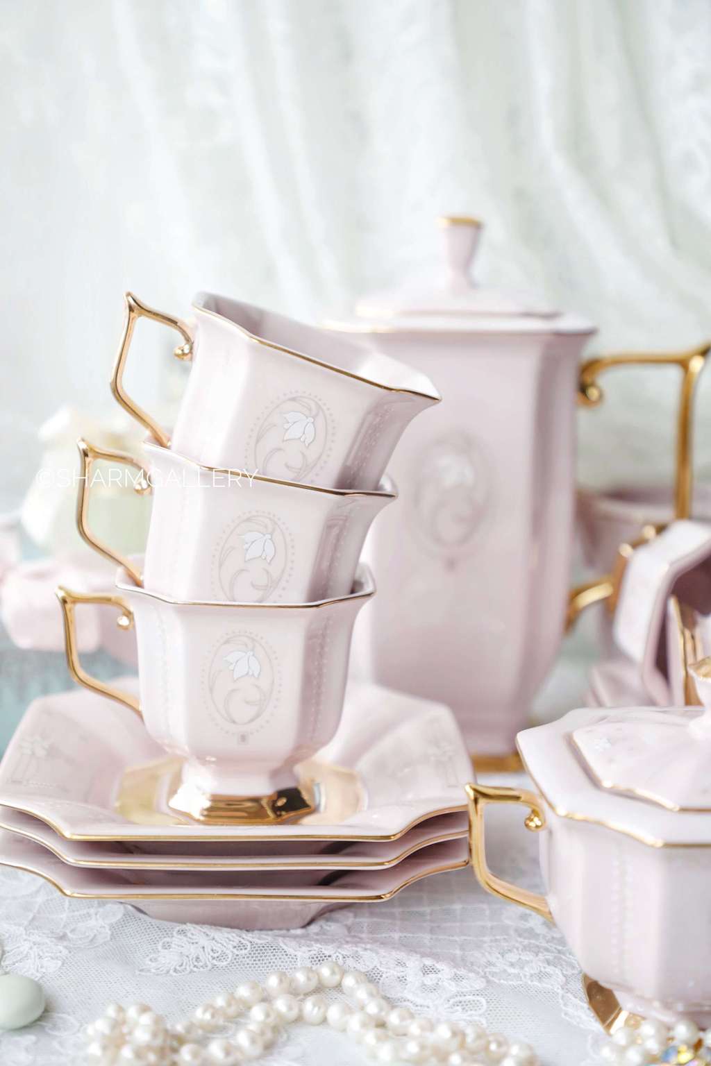 Чайный сервиз «Белый цветок» Ар нуво. Чешский розовый фарфор "Haas & Czjzek" 1970гг.