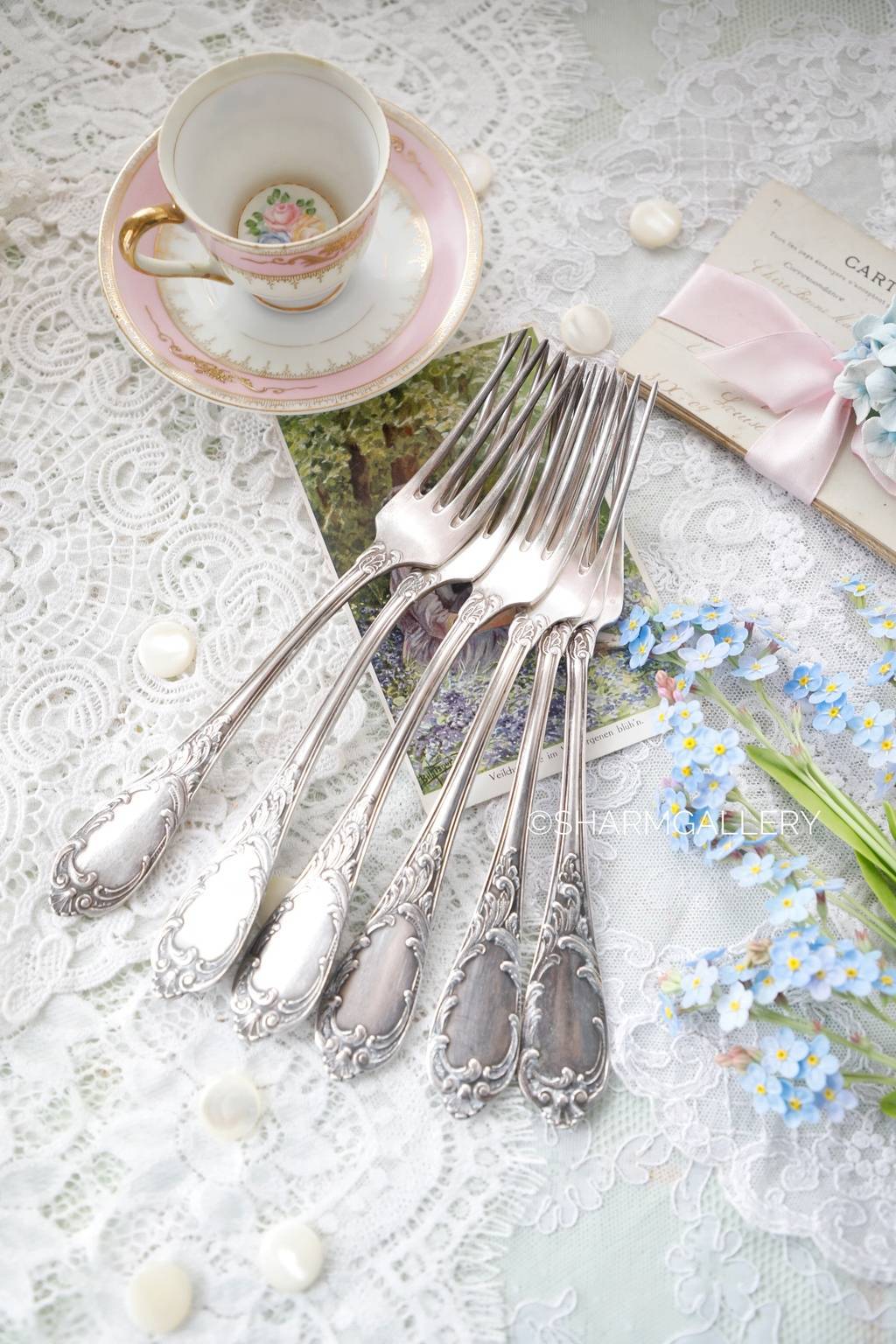 Вилки столовые «Роял» 21,5см, набор 6шт, нейзильбер, серебрение, ЗИШ, СССР. №137