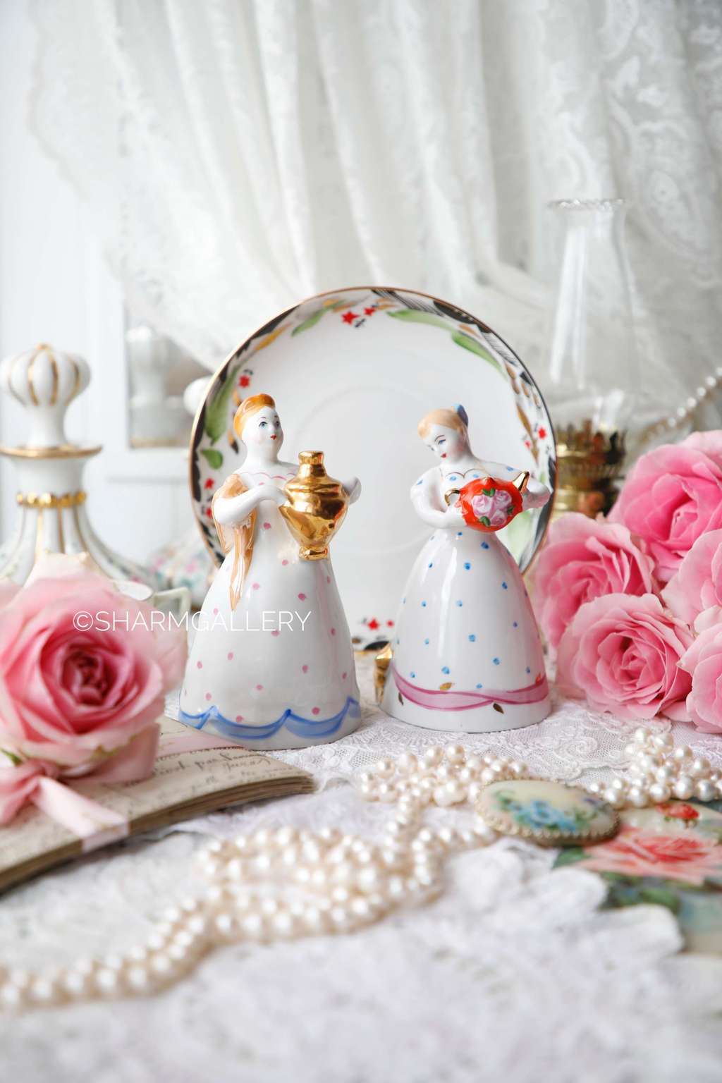 Набор "Чаепитие" барышни с самоваром и с чайником, фарфор Дулево, блюдце ЛФЗ, СССР