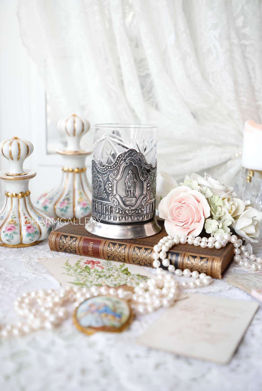 Подстаканник мельхиоровый "Н.В.Гоголь" + хрустальный стакан CCCP, Кольчугино 1950гг.