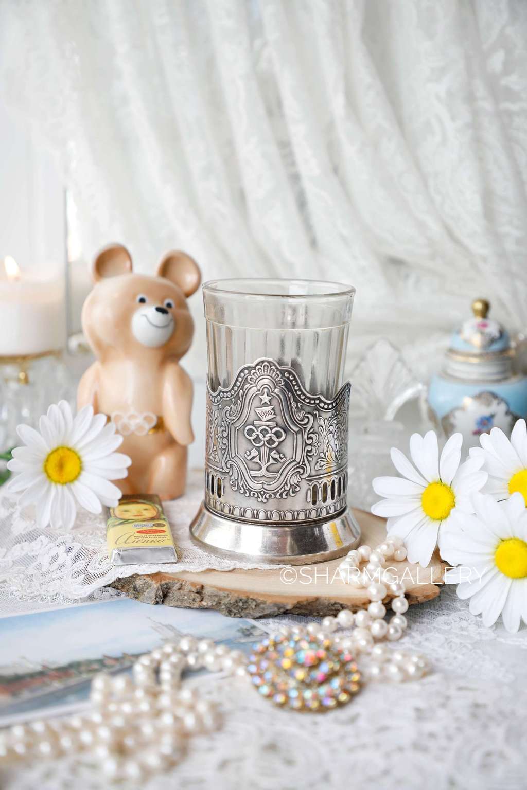 Подстаканник ОЛИМПИАДА 80 Факел, Нейзильбер серебрение + граненый стакан CCCP, Кольчугино.