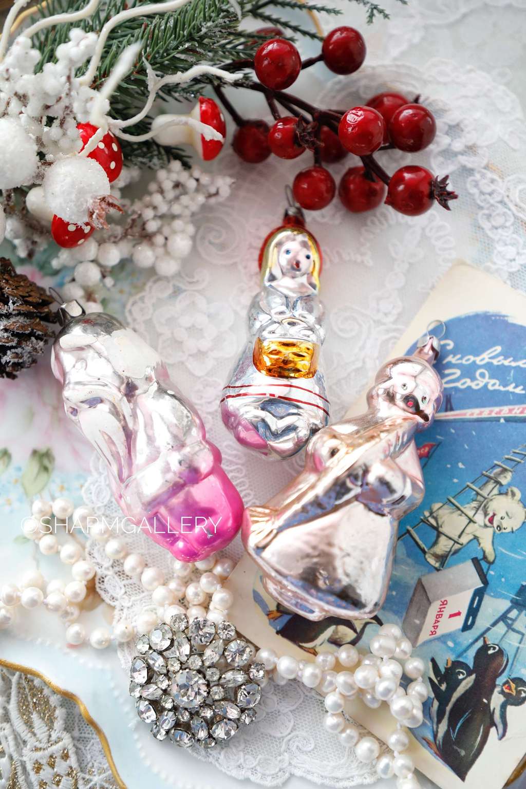 Набор винтажных елочных игрушек из 3шт. «Сказочные персонажи» №36 Стекло, СССР.