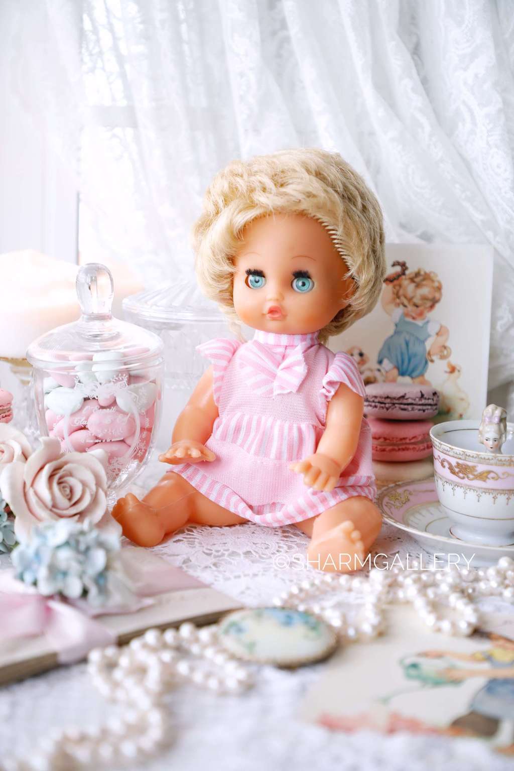 Кукла блондинка в розовом платье 25см., винтаж ГДР