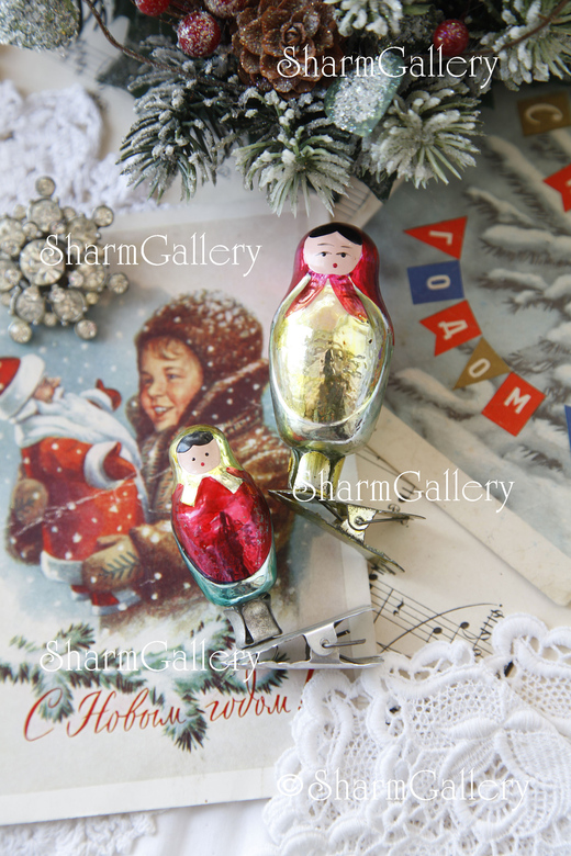 "Матрешка" (мини) Пара елочных игрушек на прищепке, СССР.