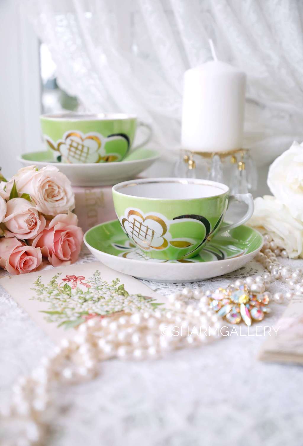 Чайная пара, роспись фарфор Дулево 1960гг., СССР.