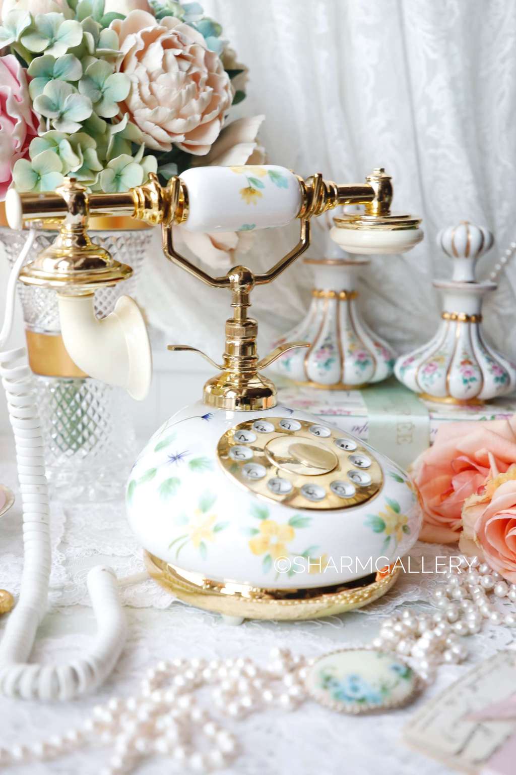 Стационарный винтажный ретро телефон, керамика роспись.