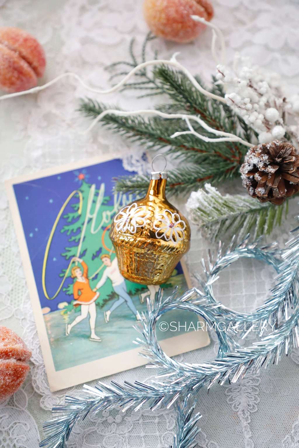 Корзина с цветами желтое золото №6. Елочная игрушка, стекло, СССР.