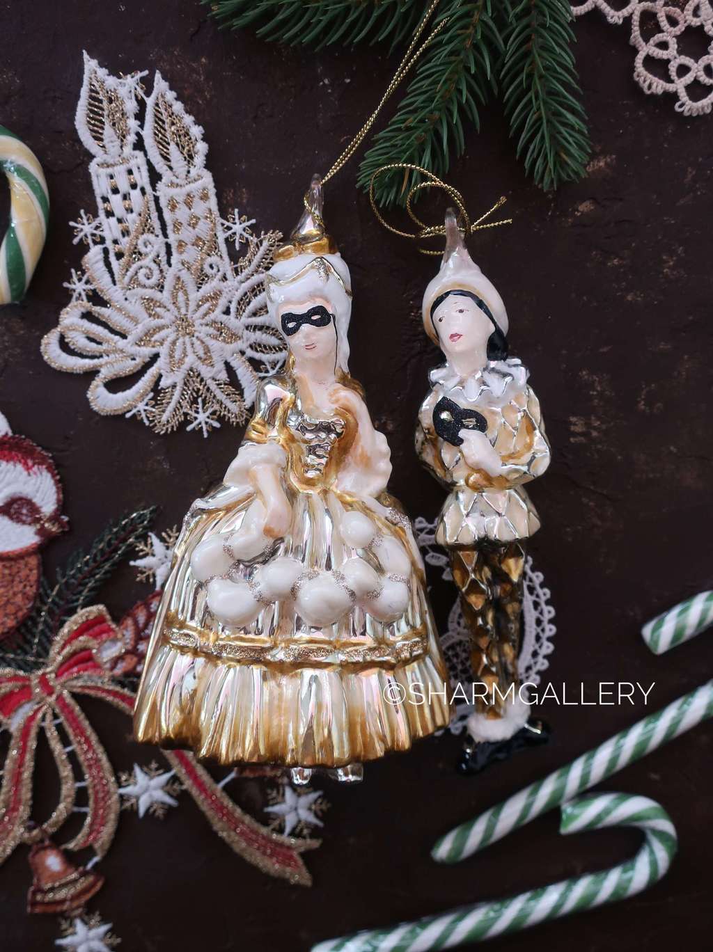 Набор «Дама и Кавалер на карнавале», елочные игрушки стекло, роспись, KOMOZJA FAMILY, Польша.
