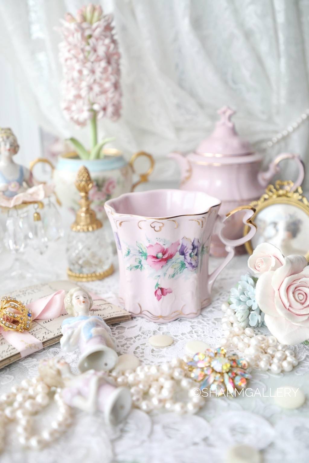 Кружка Ар нуво "Анемоны" 280мл., розовый фарфор Чехословакия.