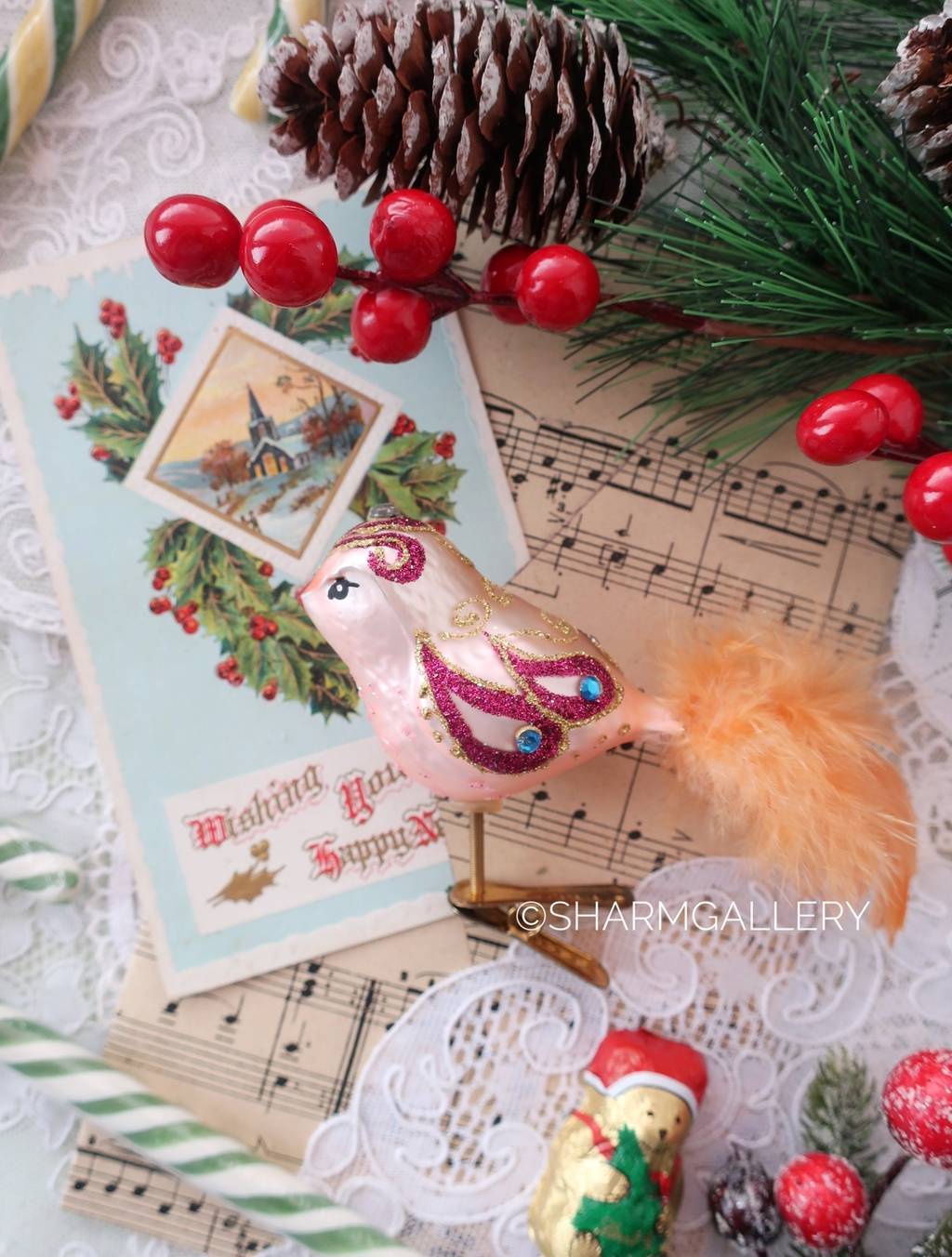 Елочная игрушка Птичка на прищепке. Стекло, роспись, Irena-Co (Ирэна)