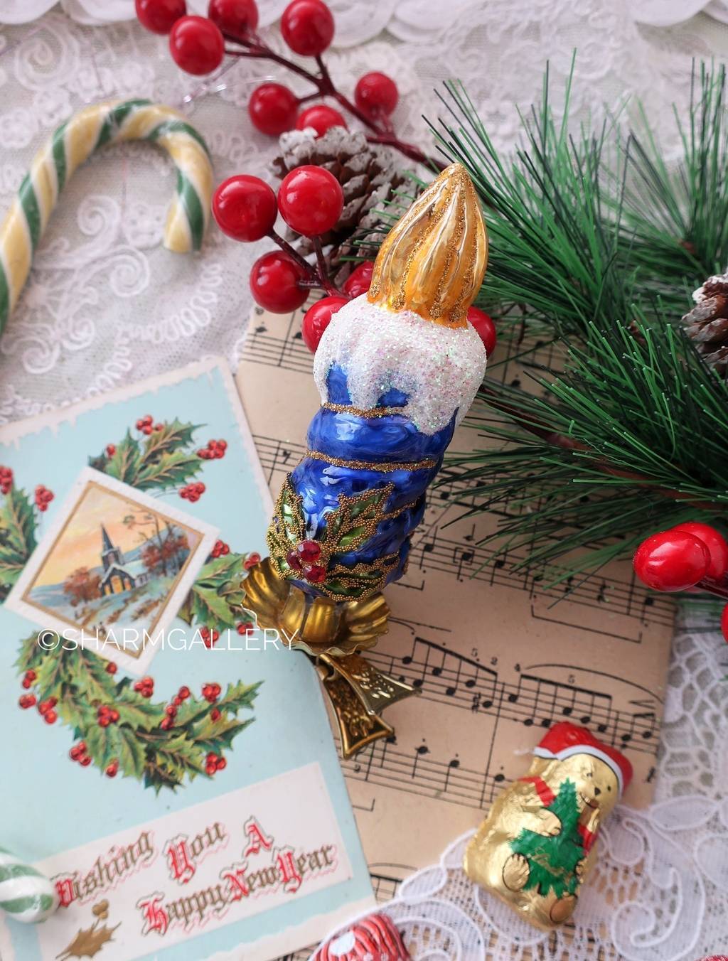 Елочная игрушка на прищепке «Новогодняя свеча». Стекло, роспись, Irena-Co (Ирэна)