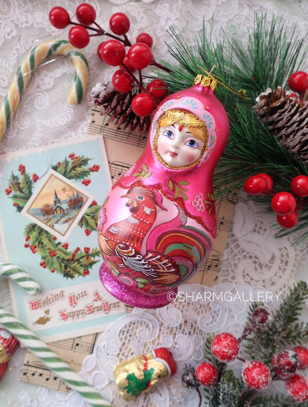 Елочная игрушка «Матрешка» стекло, роспись, Польша.