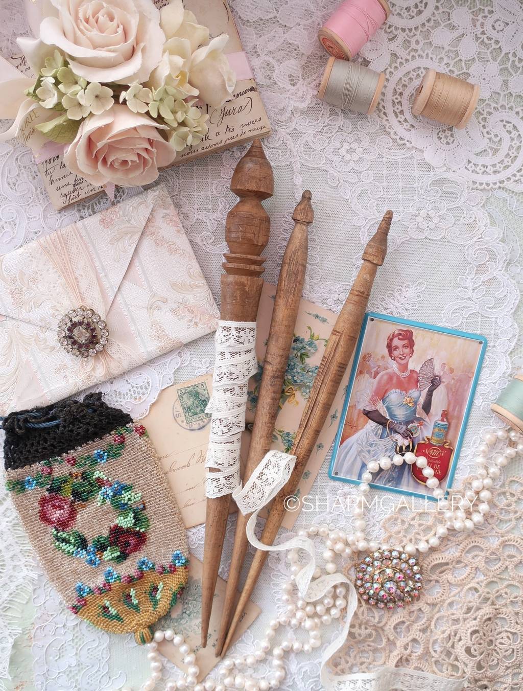 Старинное деревянное веретено набор из 3шт.