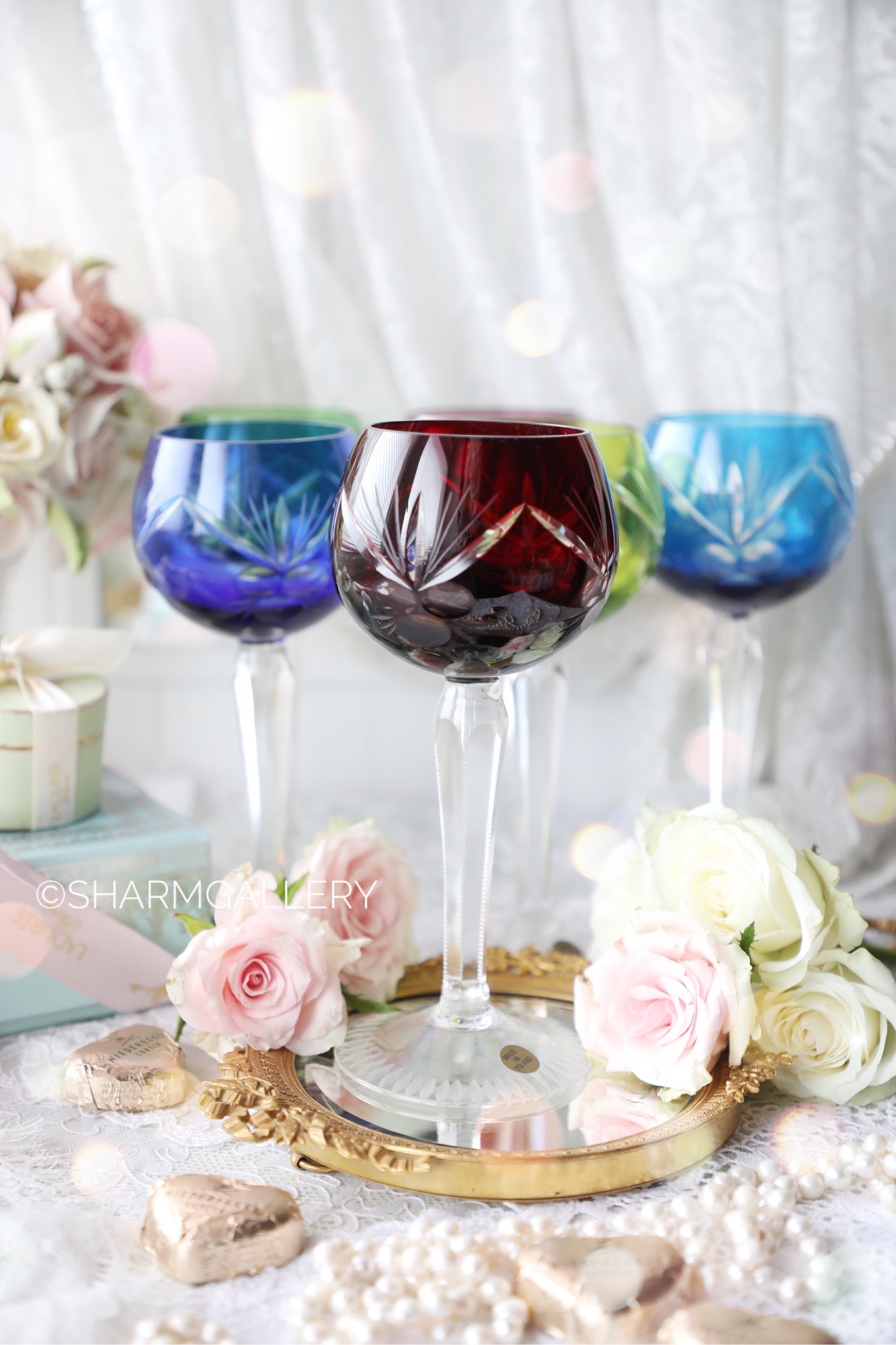 Набор редких бокалов/фужеров цветной хрусталь Польша 1960гг.