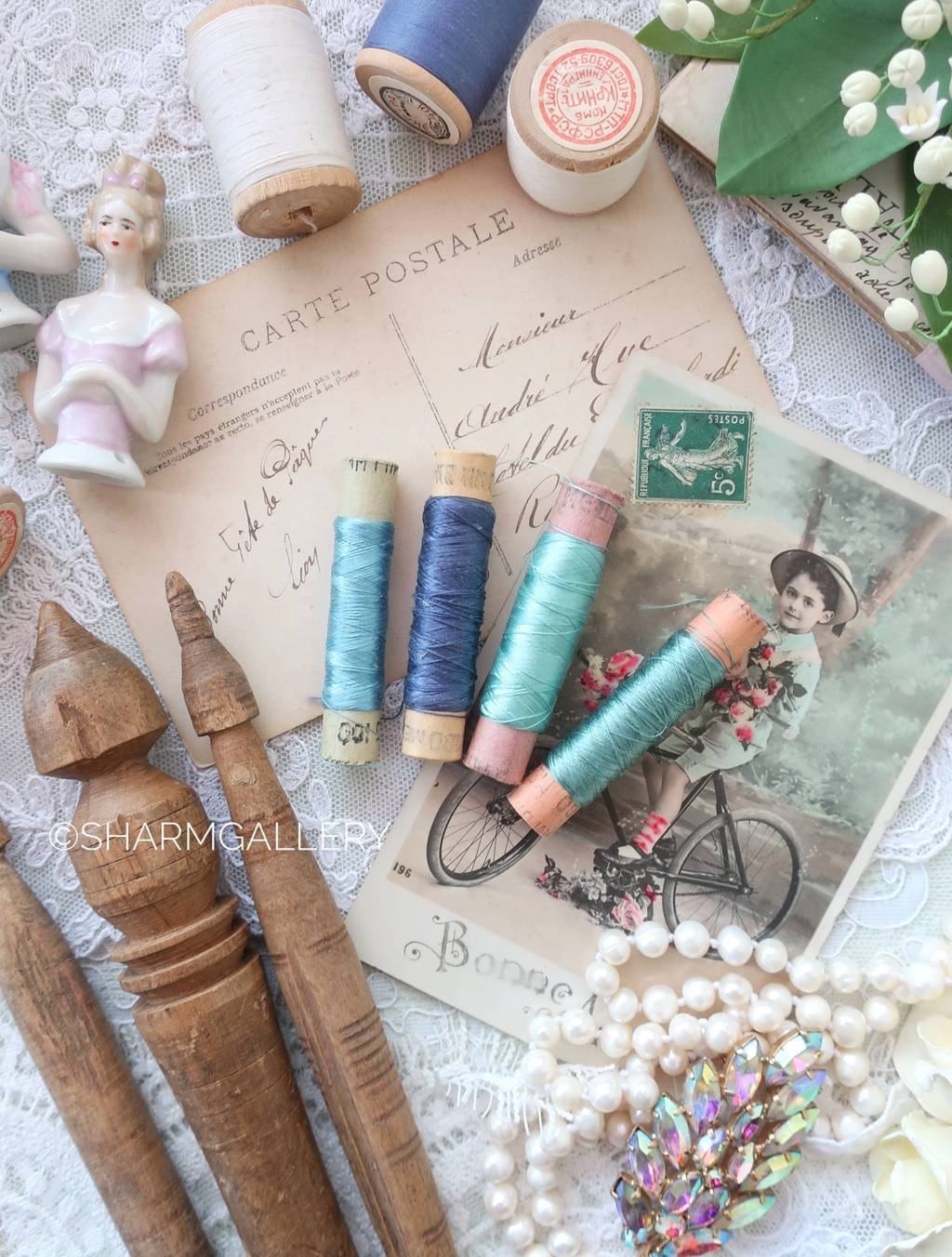 Набор ниток натуральный шелк 4шт., сине-бирюзовая цветовая гамма, СССР.