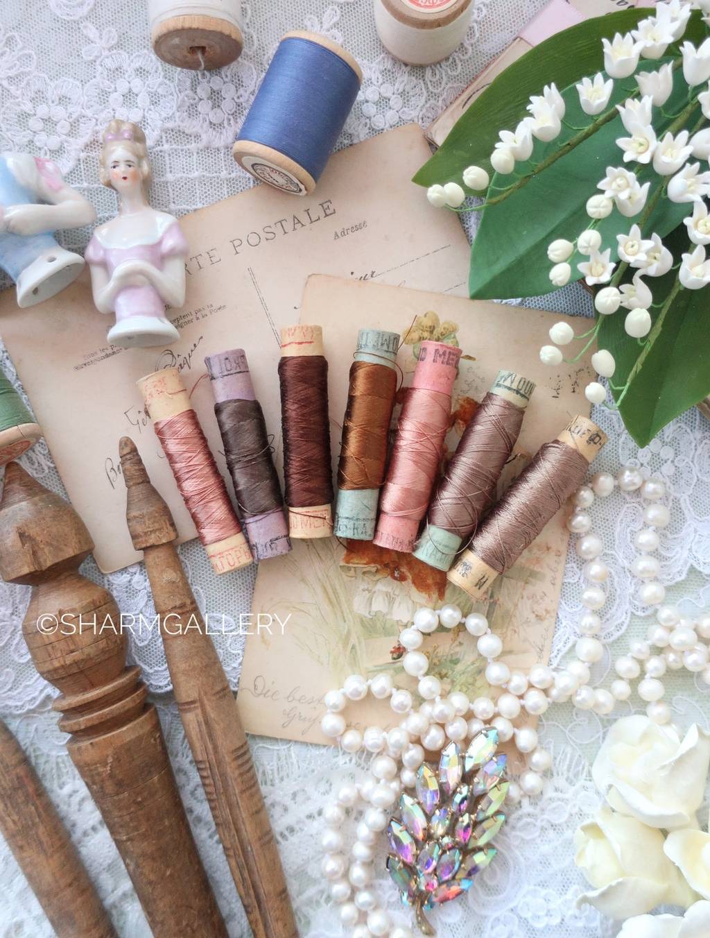 Набор ниток натуральный шелк 7шт., бежево-коричневая цветовая гамма, СССР.