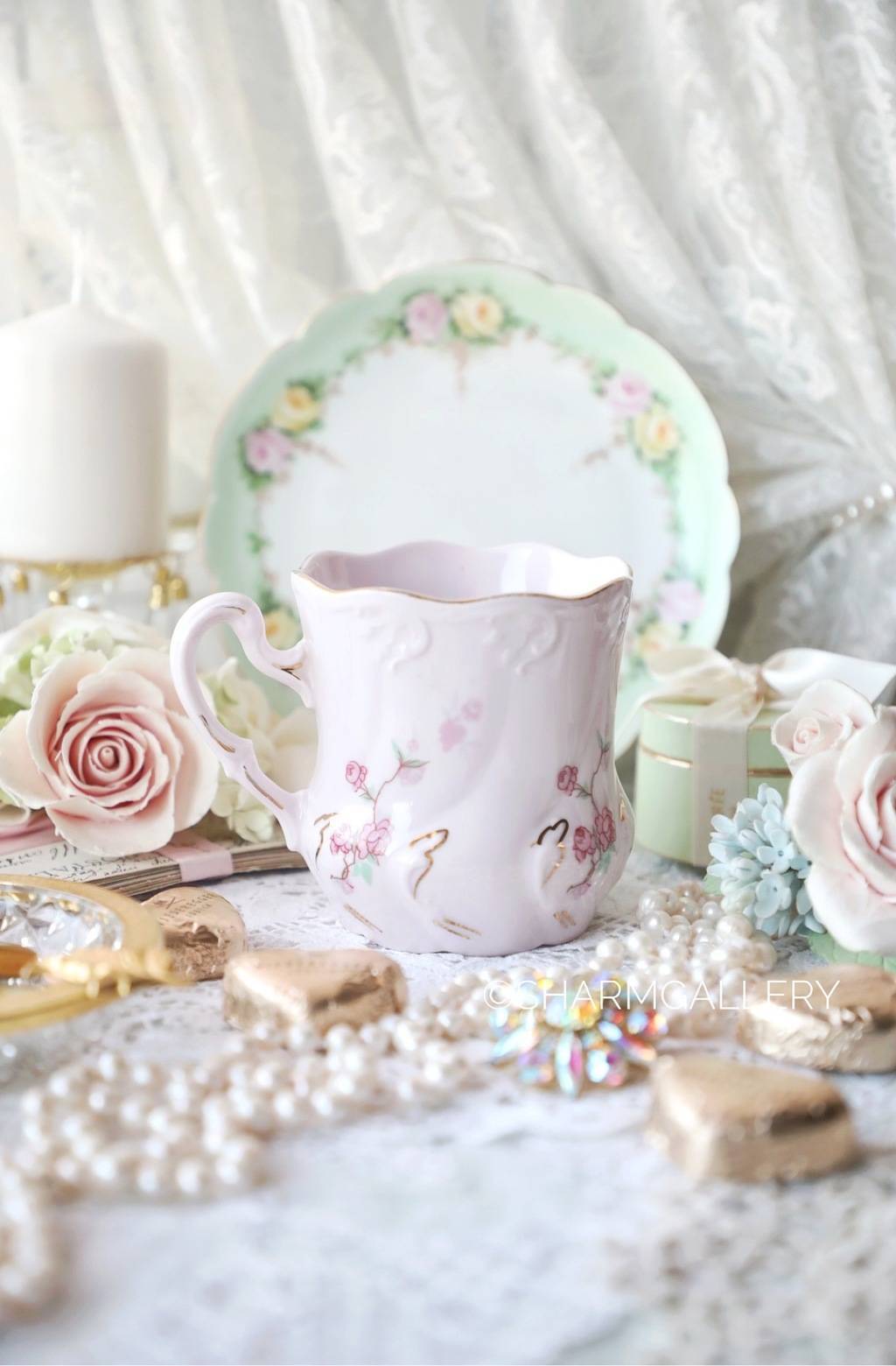 Кружка Ар нуво "Розовый куст" 300мл., розовый фарфор Чехословакия.