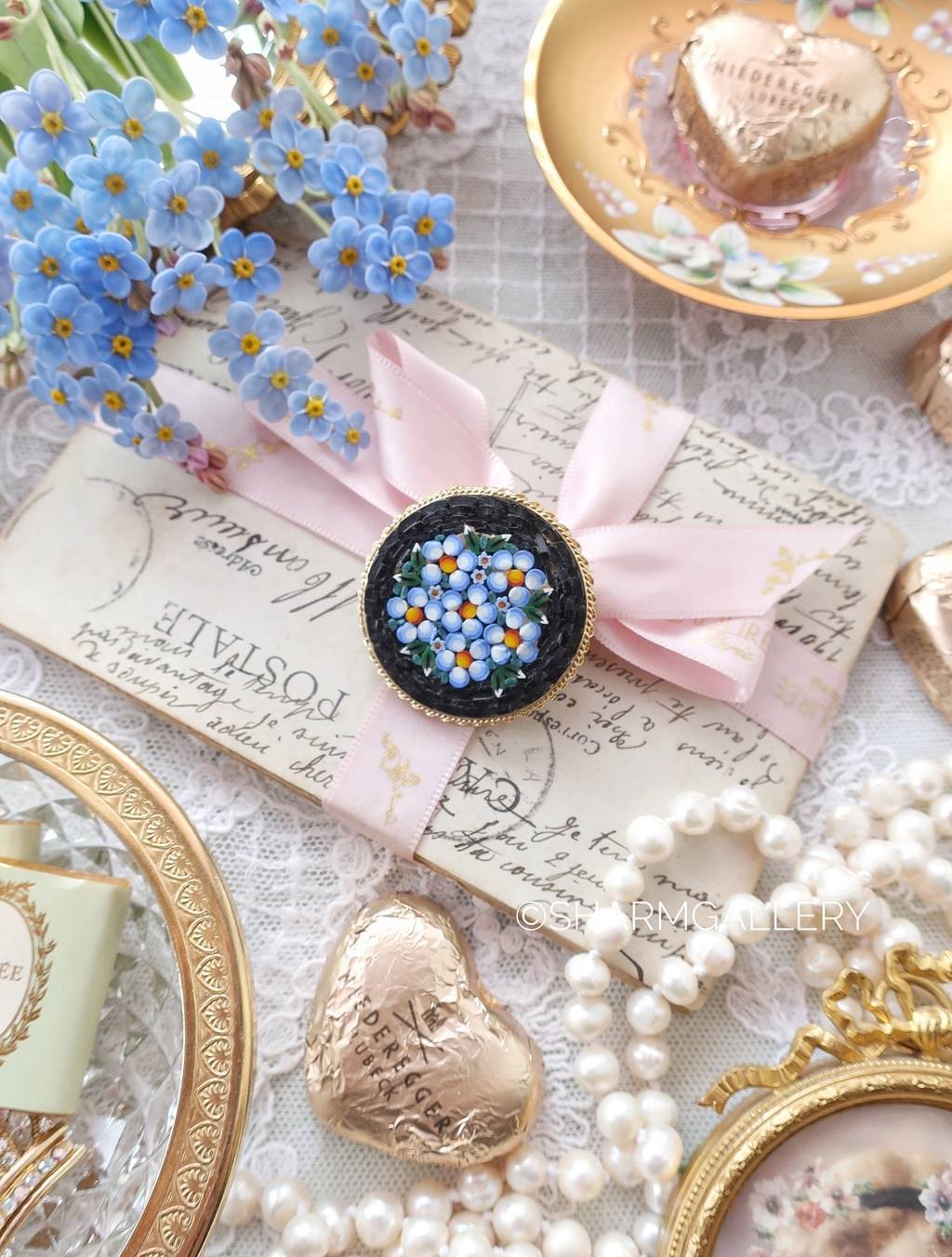 Брошь «Незабудки» 4см., микромозаика Италия.