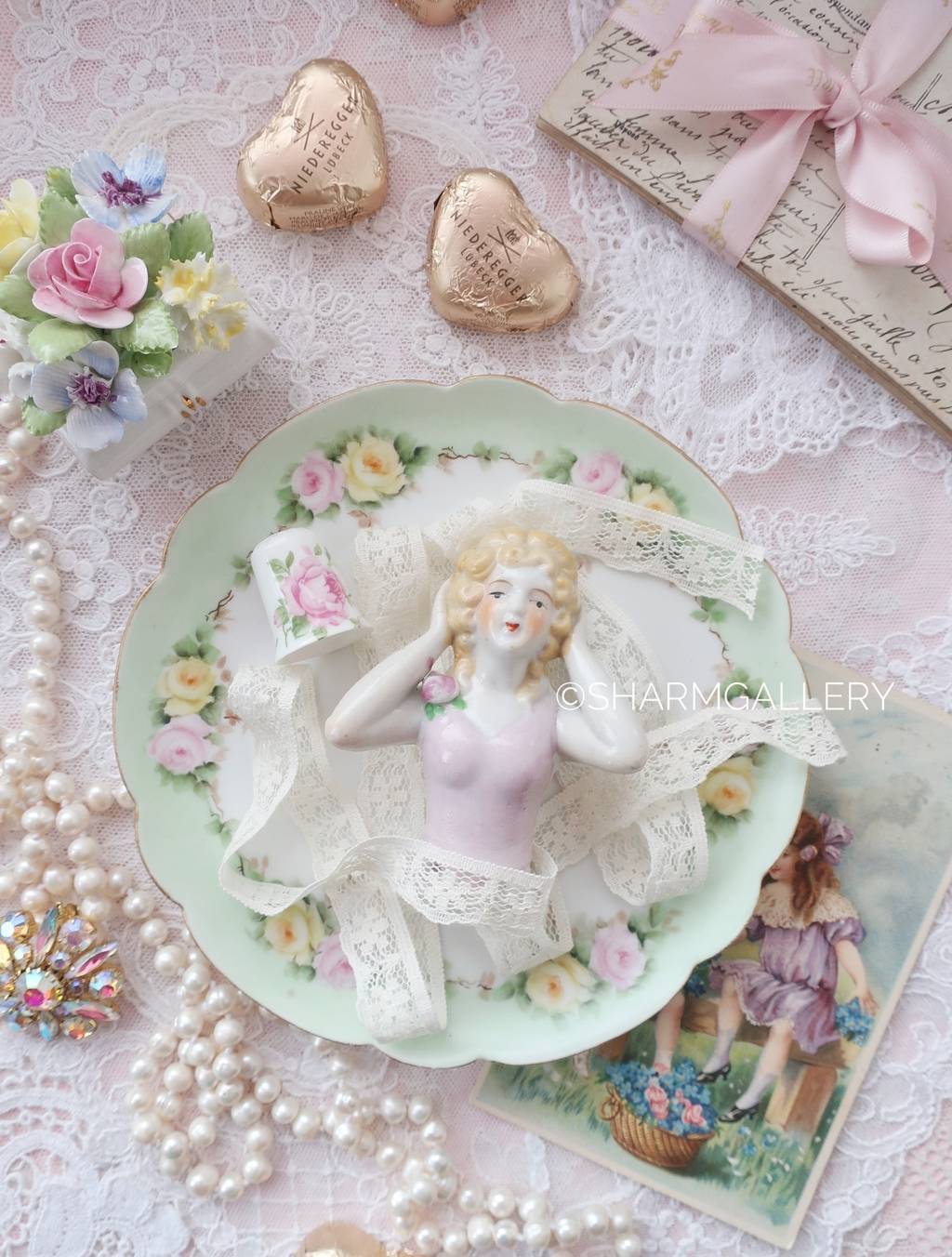 Half doll «Блондинка в розовом» антикварная куколка игольница. Фарфор, Германия.