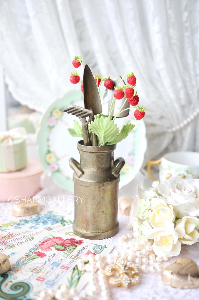 Набор для растений бидон, совок, лопата и грабли. Латунь, Германия.