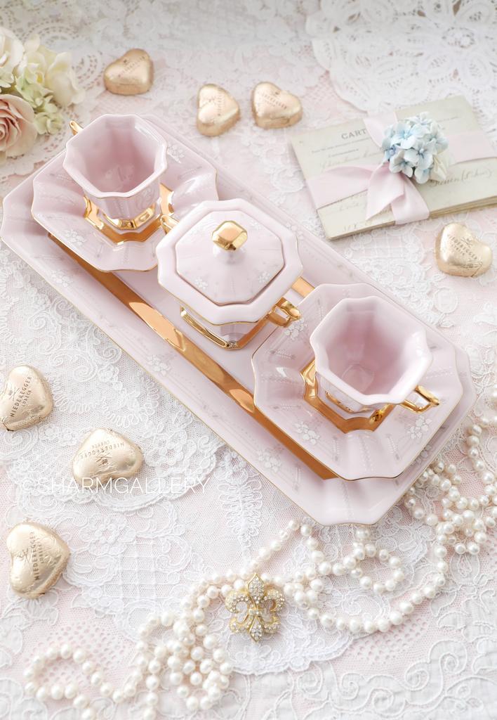 Кофейный набор Тет-а-тет стиль Ар нуво, розовый фарфор Чехословакия 1970гг.