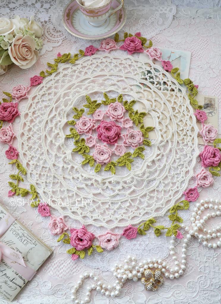 Кружевная салфетка «Розовые цветы» 44см., хлопок.