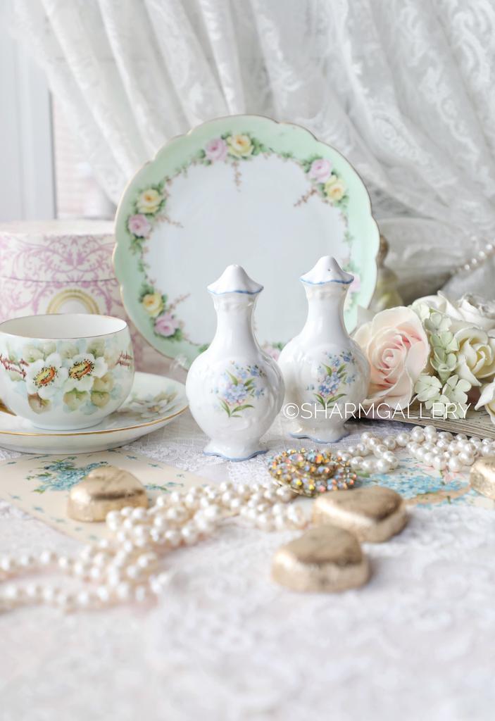 Набор для специй, соль, перц «Незабудки» костяной фарфор Queens Англия.