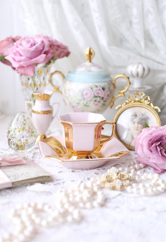 Кофейная пара «Золотая лента» Арт-деко, розовый фарфор Чехословакия + подставка кубок в подарок!