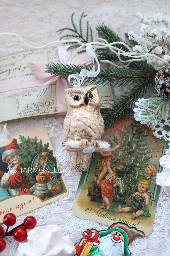 Елочное украшение «Сова на ветке» стекло Goodwill, Бельгия.