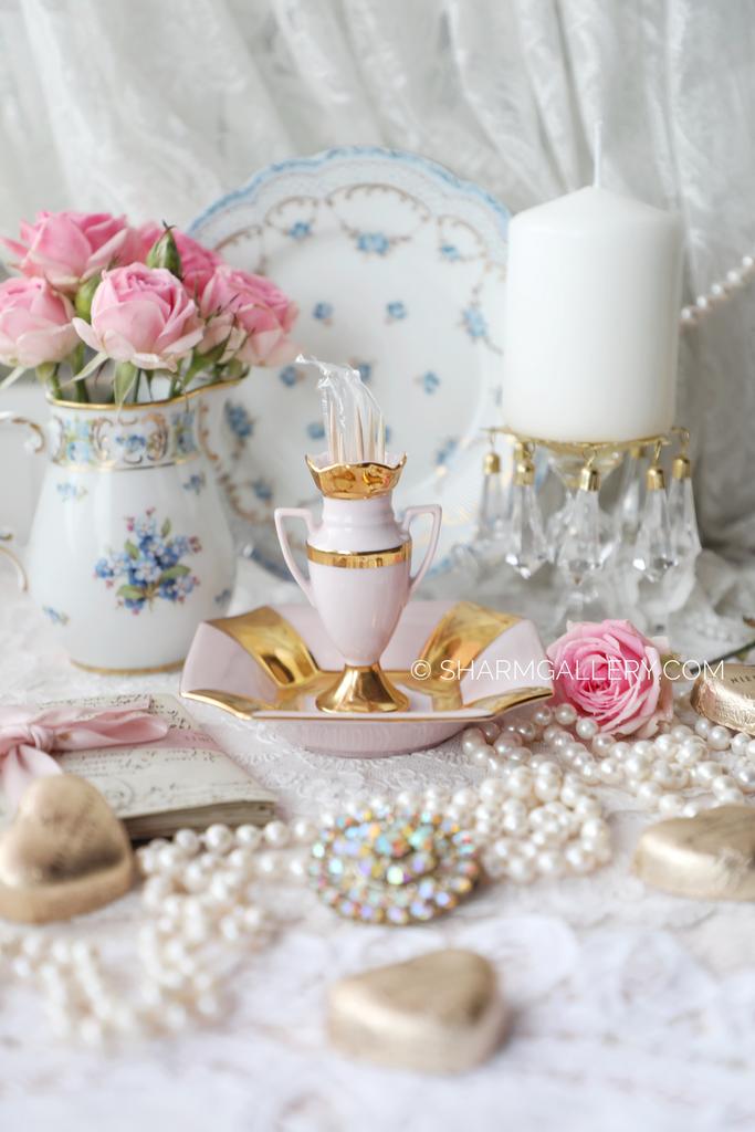 Подставка для зубочисток на блюдце «Золотая лента» Арт-деко, розовый фарфор Чехословакия, дефект