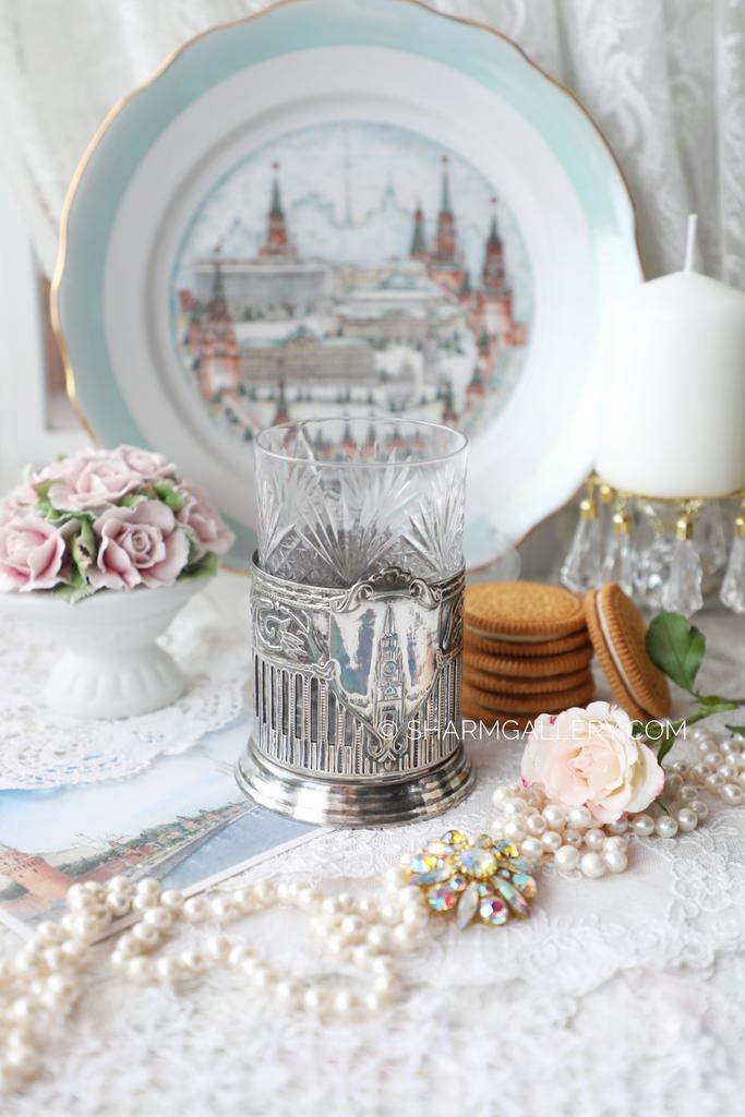 Подстаканник мельхиоровый №10 "Спасская башня" + хрустальный стакан, Кольчугино.