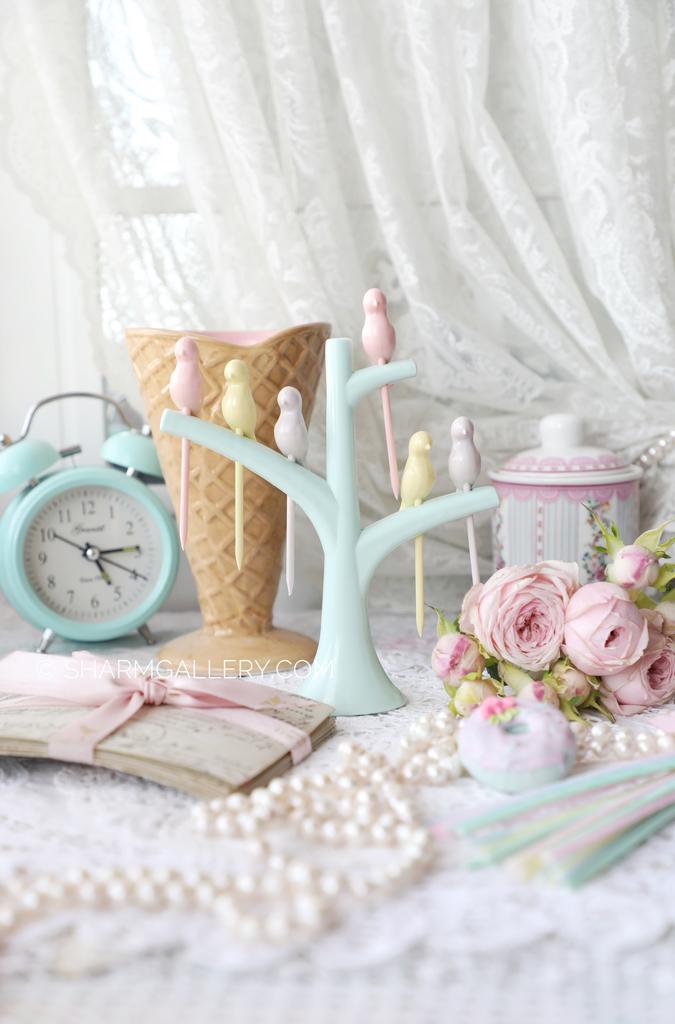 Набор сервировочных шпажек на подставке «Дерево с птичками» мятное, Германия.