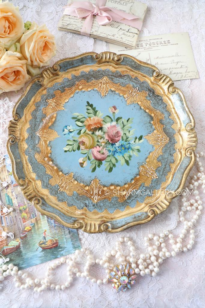 Флоpeнтийcкий деревянный круглый поднос, роспись. Флоренция Италия.