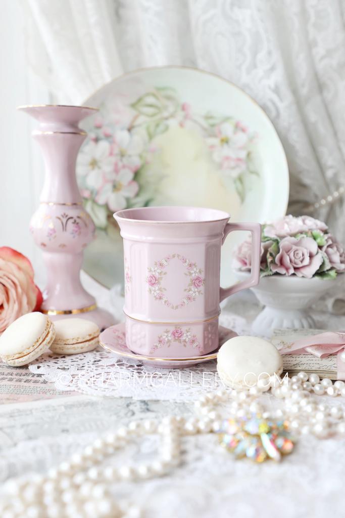 Кружка и розетка "Нежный букет" розовый фарфор Leander, Чехословакия