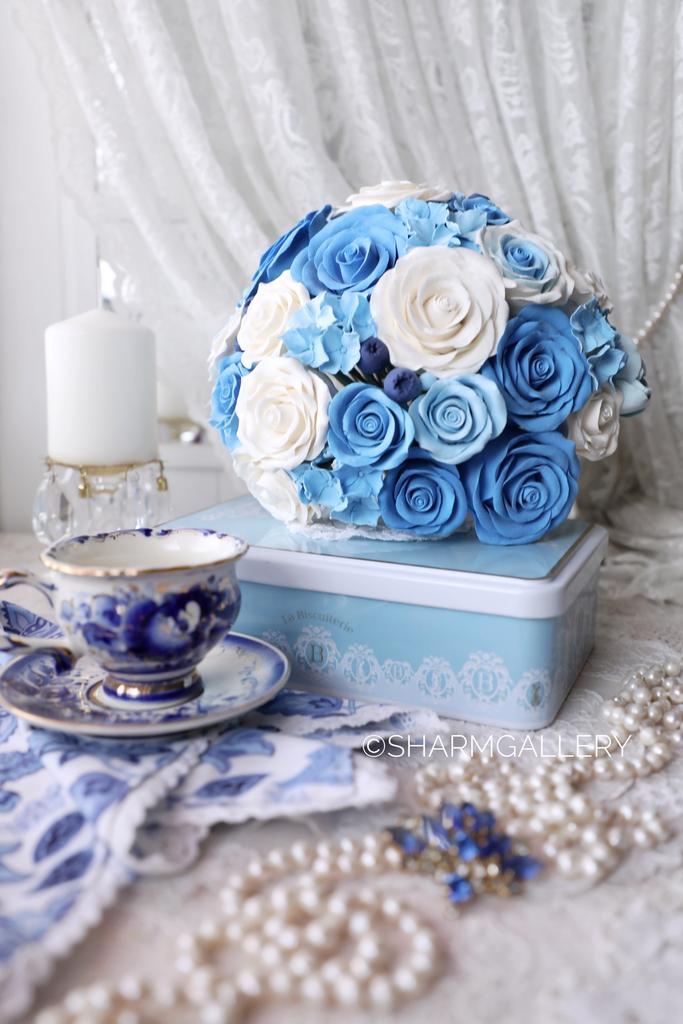 Букет декоративных цветов «Гжель» полимерная глина, ручная работа.